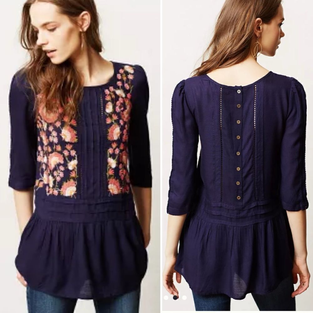 FLOREAT Anthropologie Luana Navy Floral Embroidered Peplum Flowy Blouse Top Sz 0